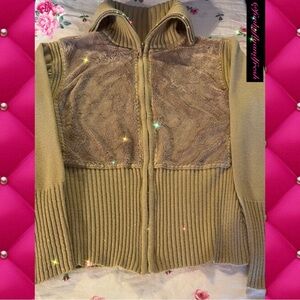 Archival vintage y2k knit zip up faux fur ribbed turtleneck cardigan in Sz Small